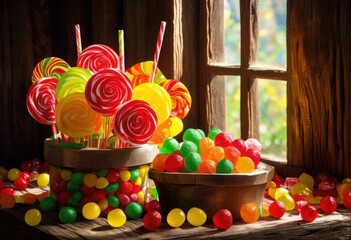 vibrant colorful candy arrangements displayed textured backgrounds capturing eye catching compositions, colors, bright, design, sweet, treats, decorative