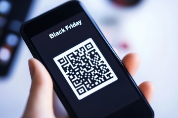 Digital Coupons and QR Codes: A smartphone showing a QR code for a "Black Friday Sale" discount, ready to be scanned at checkout.