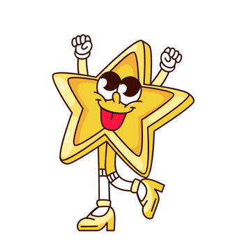 Naklejki Groovy gold star cartoon character with tongue hanging out. Funny retro happy golden award for winner of game, quiz. Success mascot, cartoon ranking star sticker of 70s 80s style vector illustration