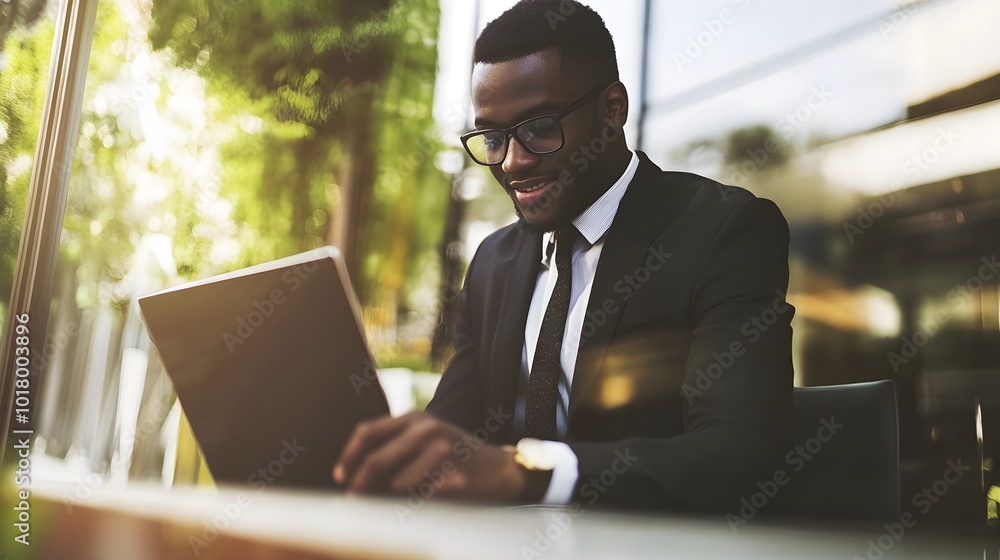 Wall mural Smiling businessman working on laptop outdoors.