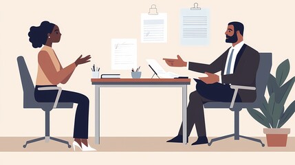 A confident Black woman discusses with a professional man in a modern office setting.