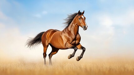 Obraz premium Bay Horse Galloping Through a Field