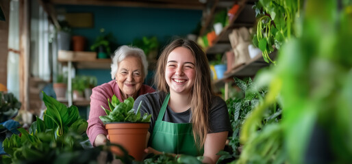 Fototapeta premium Young woman with Down syndrome smiling while holding a potted plant, assisted by an elderly woman in a plant shop.