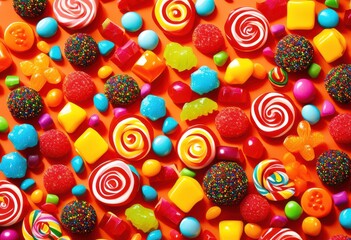Fototapeta premium vibrant colorful candy assortment displayed bright background surface surrounded eye catching patterns, rainbow, lgbtq, lgbt, pride, love, equality