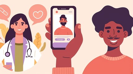 A male with curly hair shows a patient profile on his phone while a female doctor smiles.