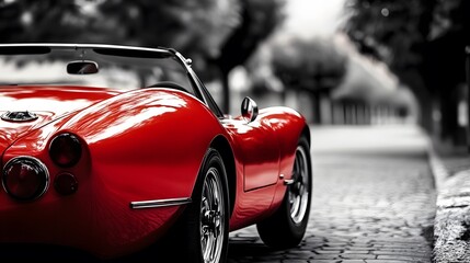 A classic red convertible car parked on a cobblestone street.