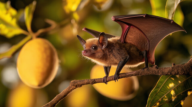 Marburg virus concept. Fruit bat can spread disease. Mango fruits at the background
