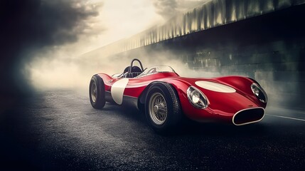 Fototapeta premium A classic red race car emerges from a cloud of smoke.