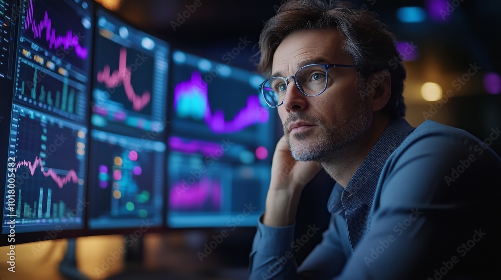 Poster a stock broker thinks about how to make money by trading on the computer, in front of three large cu