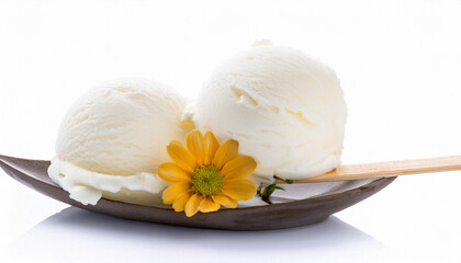 Sweet vanilla ice-cream ball with stick and flower on white background