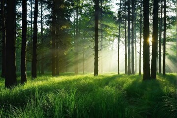 Sunlight Streaming Through Forest Trees and Lush Ferns