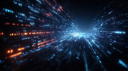 Soft electrical light radiates flowing from within the overlapping darkness. This scene conveys the digital energy of continuous technology