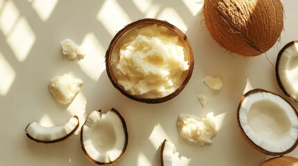 Shea butter and coconut on aesthetic background, top view, organic cosmetic ingredients. Skincare concept. Generative AI