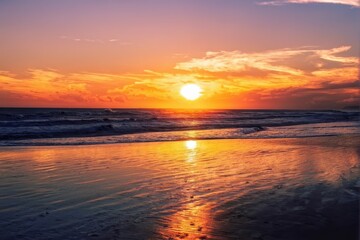 Golden Sunset Over Ocean with Reflective Waves