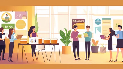 A diverse group collaborates in a vibrant, modern workspace.