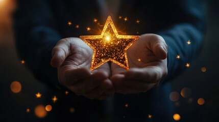 concept of providing a five-star premium service. businessman showing award High standards are guaranteed, service quality, business success, work efficiency, top quality assurance five stars.