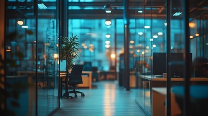 Blurred office interior with glass walls and panoramic windows, creating an open space for work and collaboration