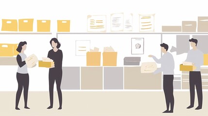 Fototapeta premium Two women and two men organize paperwork in a bright, modern office environment.