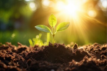 Young Seedling Growing in Sunlit Soil