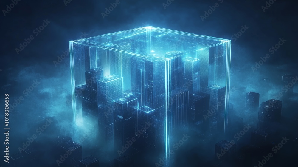 Poster digital background featuring a transparent cube with glowing edges on a dark blue background, with b