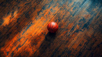 Sunlit basketball resting on the floor in a vintage gym