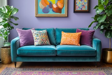 Cozy living room with a vibrant teal sofa and decor.