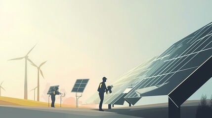 Two technicians maintain solar panels in a serene renewable energy landscape.