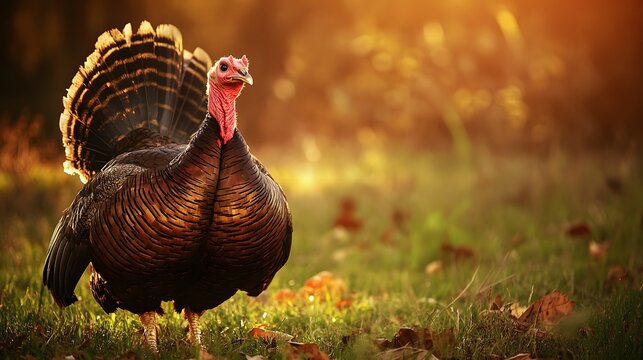 A wild turkey stands in a grassy field with its tail feathers fanned out.