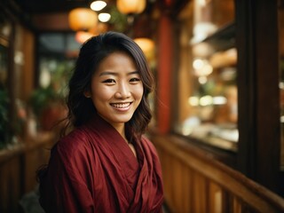 Obraz premium happy smiling asian women portrait in red retro dress. Generative ai