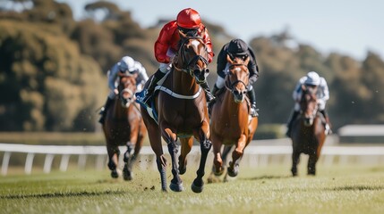 Jockeys and horses racing on the grass track in an equestrian race, with one jockey wearing red gear leading their horse to victory