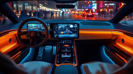 In the interior of an electric car, there is a large central control panel with a touch screen and various controls for systems like the infotainment system, air vents, camera lenses, and LED lights