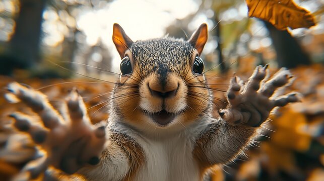 A playful squirrel reaches out with its paws, surrounded by fallen leaves.
