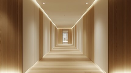 Modern minimalist interior design, featuring white and oak wood colors.