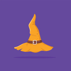 Fototapeta premium Vector illustration of a yellow Halloween witch hat with a leather belt isolated. Witch hat design element for Halloween.