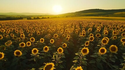 Obraz premium Aerial view of sunflower field in full bloom, with bright yellow flowers stretching across landscape