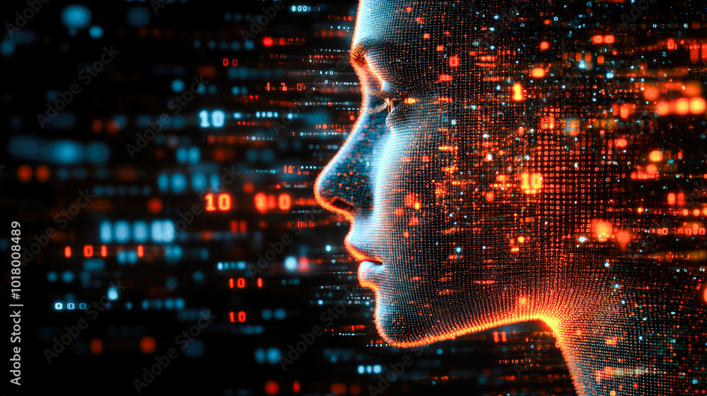 Poster a vibrant profile of a face composed of colorful binary lights, symbolizing the merging of digital a