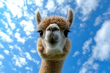 Obraz premium Close-up of curious alpaca blue sky