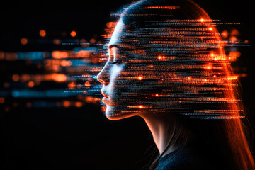 Profile of a woman with digital lines in orange hues, representing the blend of human emotions and digital convergence.