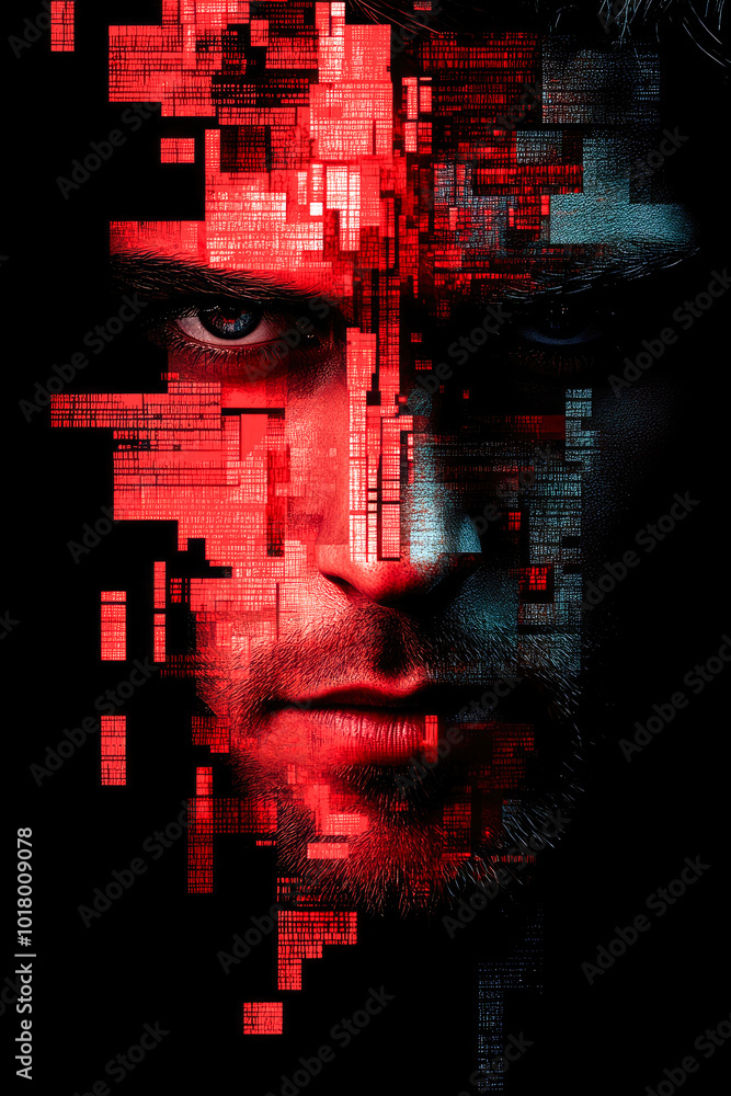 Poster a man's face fragmented into digital pixels, showcasing a cyber theme of identity and virtual transf