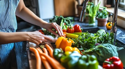 A woman carefully washing a variety of vegetables, including carrots and bell peppers, under a faucet in a modern kitchen