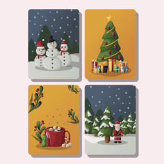 christmas card set with snow and tree illustration