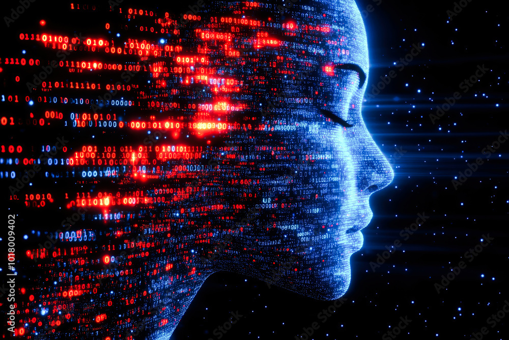 Poster the image showcases a digital silhouette enhanced by binary code, underscoring themes of identity an