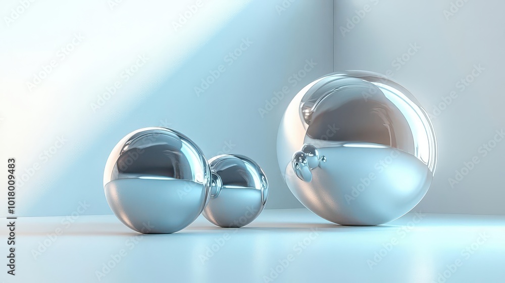 Poster a set of shiny metallic spheres displayed in a minimalist setting, reflecting light and enhancing mo