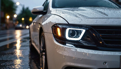 A white car drives in the rain with its headlights on. Traffic on a city street.