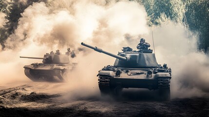 Two military tanks drive through a smoky field.