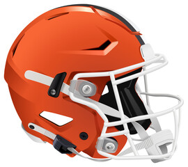 Orange 3D helmet for American Football with white and black stripes. White mask and chin strap