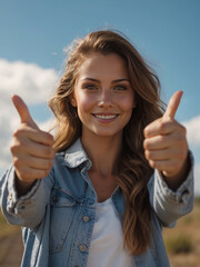 young women happy and showing thumbs up.AI Generative