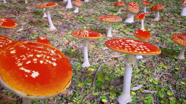 A meadow with much red fly agarics. Beautiful close up forest glade. Video animation in Ultra HD 4K.