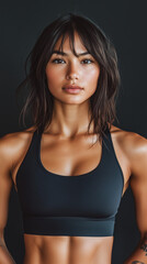 Fototapeta premium fitness model asian woman looking at camera in gym wearing black workout clothing brunette hair fit clothing brand marketing social media post branding background backdrop vertical 