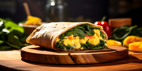A nutritious breakfast wrap with scrambled eggs, avocado and spinach, wrapped in a whole-grain tortilla, placed on a wooden cutting board